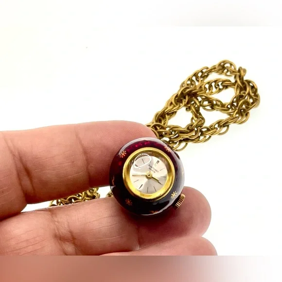 Vintage 1960s Signed Jean Perret Gold Tone Red Enamel Orb Necklace Watch Working - Picture 3 of 14
